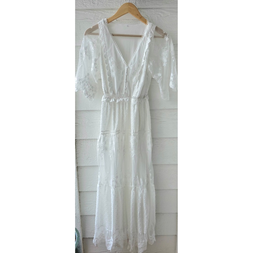 NEW Boho White Swiss Dot Lace Maxi Dress Beth Dutton Yellowstone Westerncore M - Picture 3 of 8